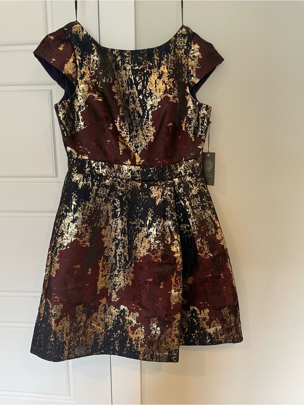 Metallic Abstract Print Mini Dress - Burgundy & Gold
